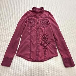 Sinful Pink Collared Snap Button Shirt Top Sz S Small Angel Wings Embroidered